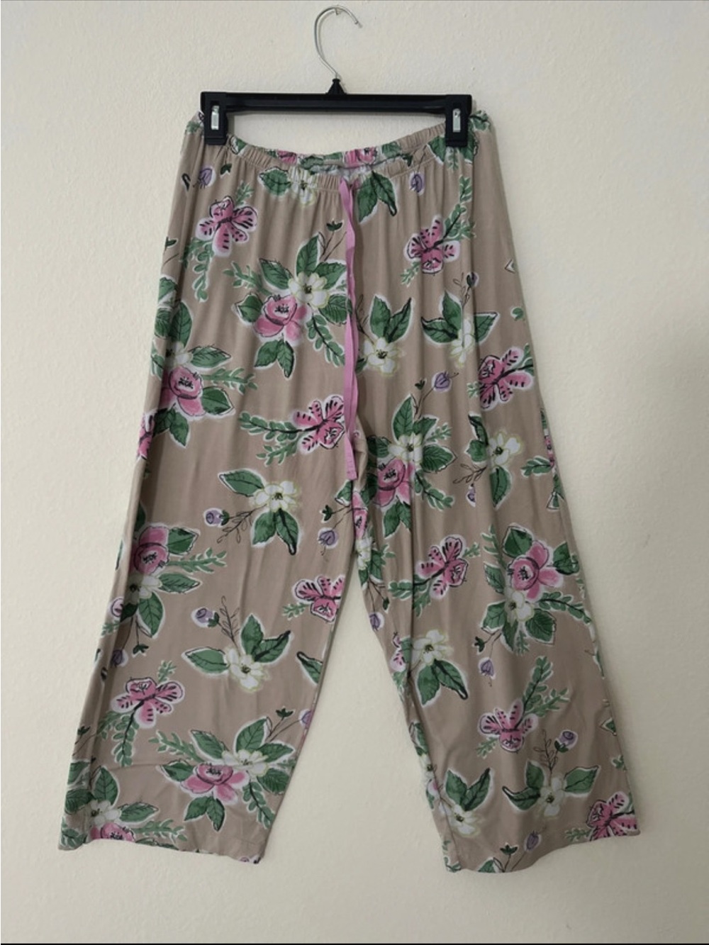 HUE Beige Floral Wide-Leg Pants with Pink Drawstring